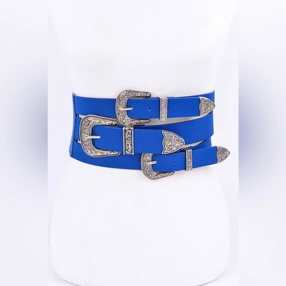 Western Triple Buckle Vegan Leather Elastic Statement Belt